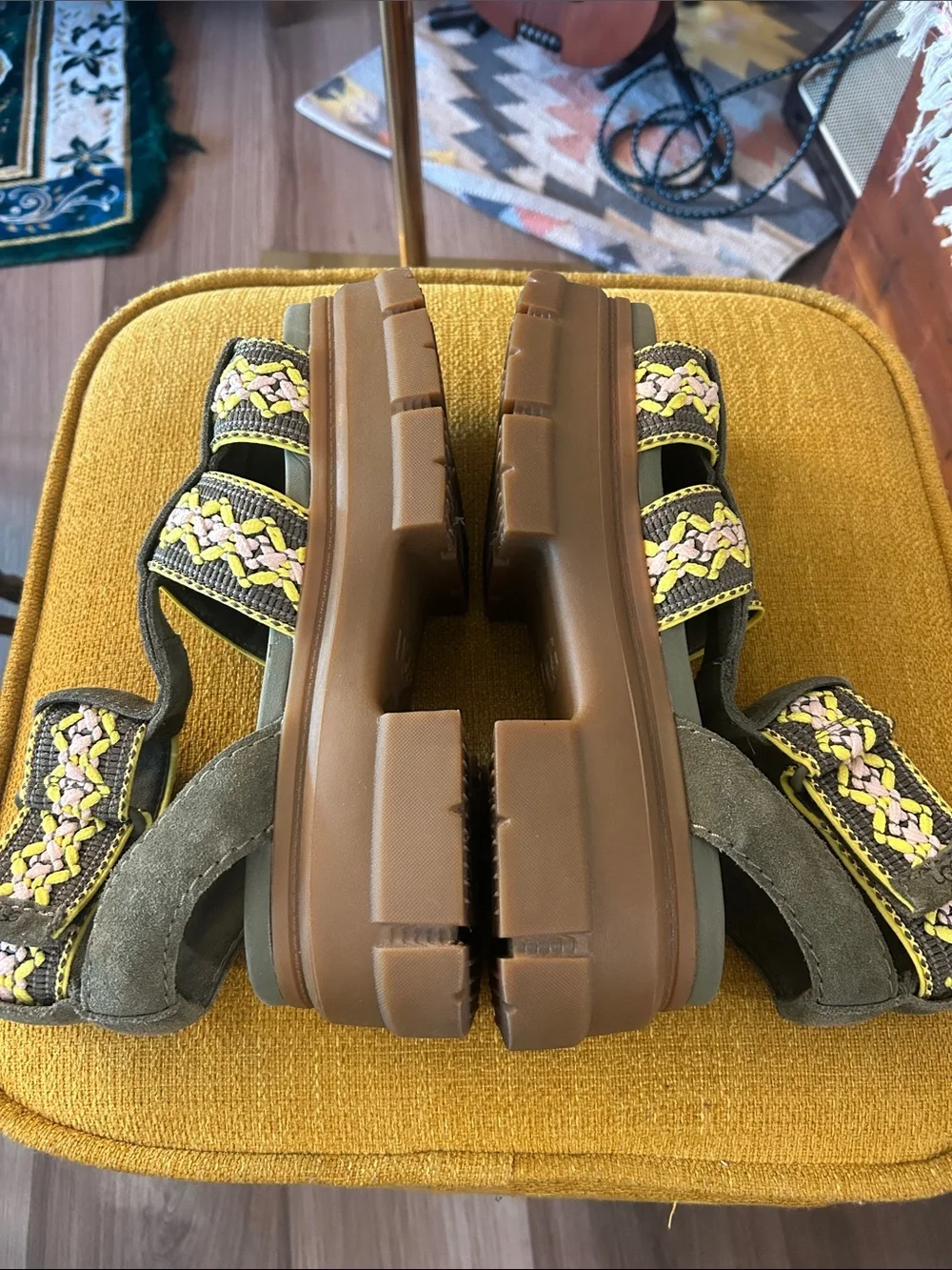 UGG Olive Green Braided Platform Sandals with Brown Sole